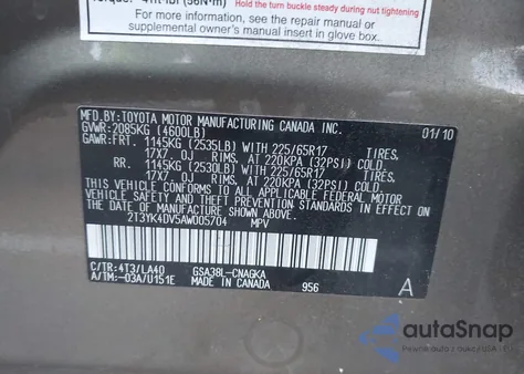 2010 Toyota Rav4 Limited V6 z USA, uszkodzony, nr VIN 2T3YK4DV5AW005704